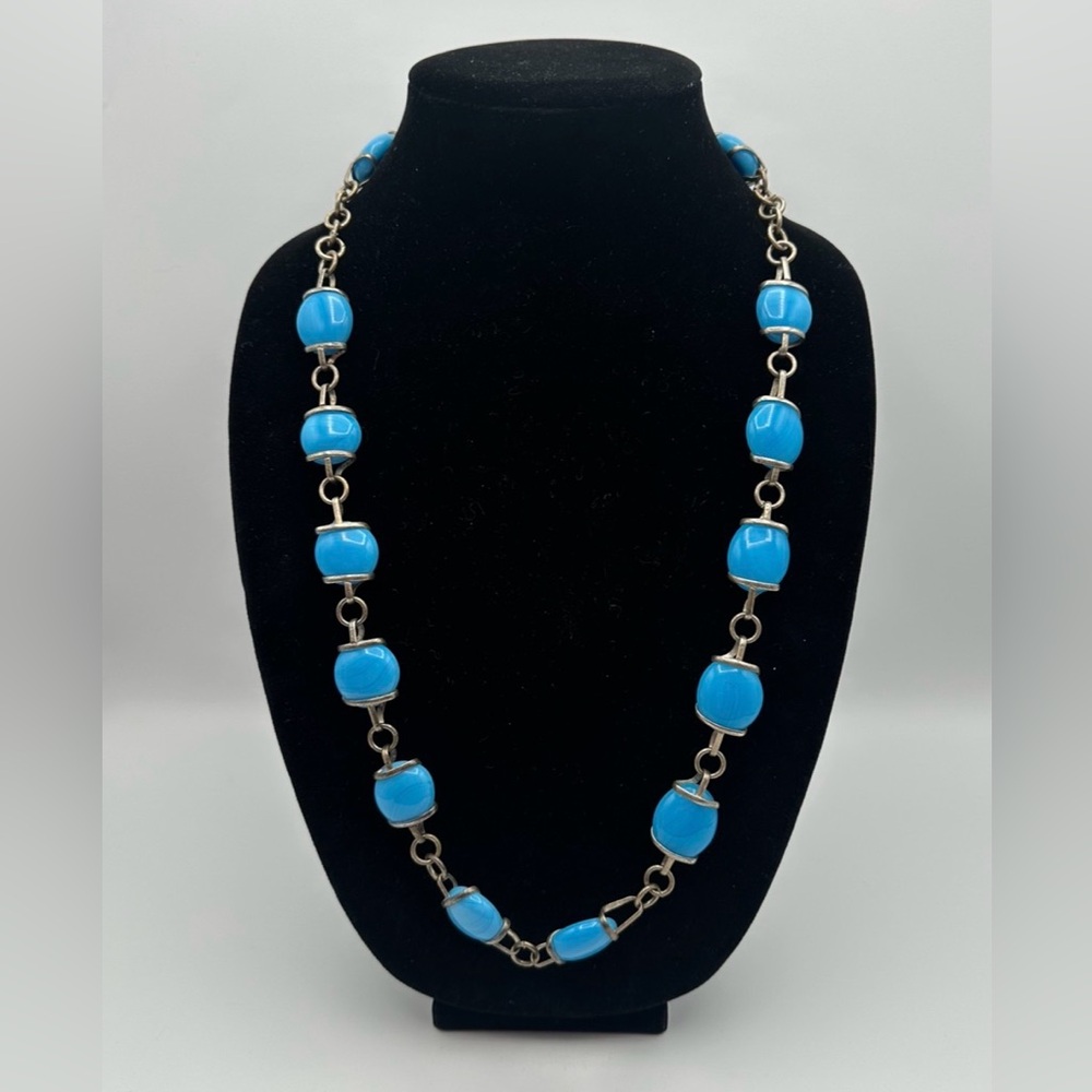 VTG Blue Art Glass Marbles With Silver Wrapped Necklace Unmarked, Untested Metal